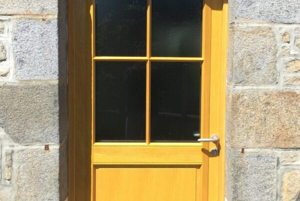 Porte d’entrée semi vitrée bois CANNELLE – Essence movingui – BEL’M – Dingé - Sab Ouest